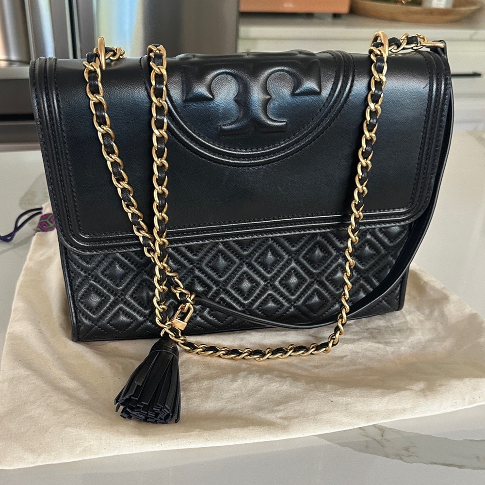 Tory Burch Fleming Large Convertible Bag Black Quilted Leather w/ Dust Bag